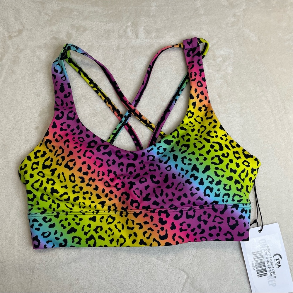 Zyia rainbow leopard light n tight strappy sports bra medium